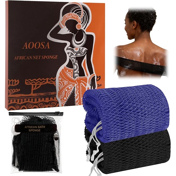 2 Pcs African Net Sponge with Knots, Authentic Back Scrubber & Exfoliating Bath Sponge, Long Body Scrubber for Smooth Skin, Fast Drying Shower Sponges for Women and Men, Blue + Black